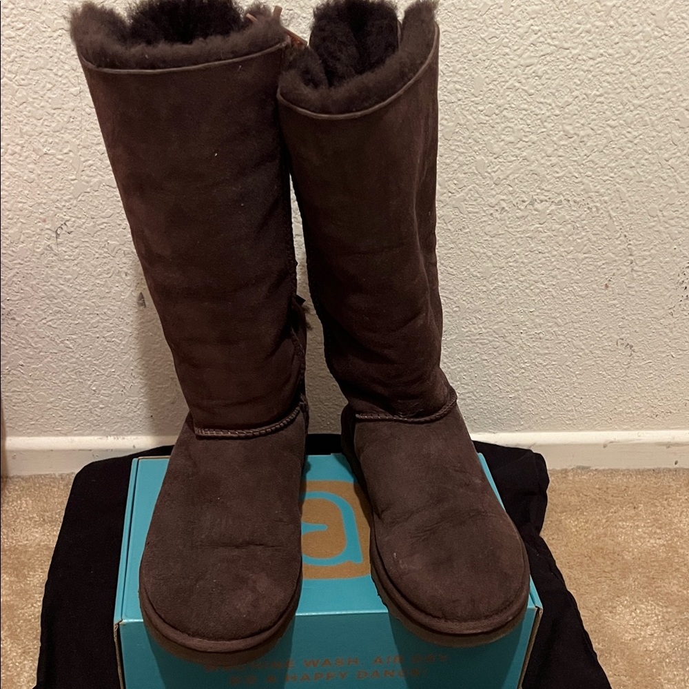 UGG Chocolate Suede Boots with Ribbon Accents - Picture 2 of 3
